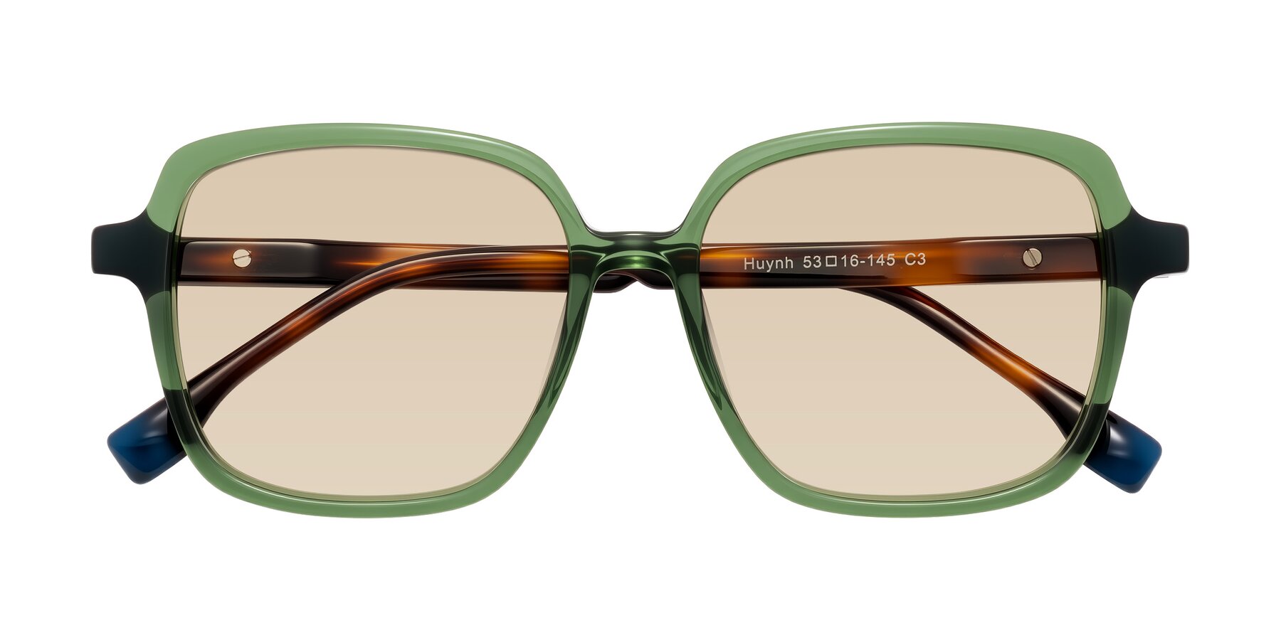 Folded Front of Huynh in Green/Tortoise with Light Brown Tinted Lenses
