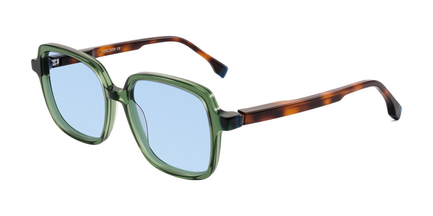 Angle of Huynh in Green/Tortoise with Light Blue Tinted Lenses