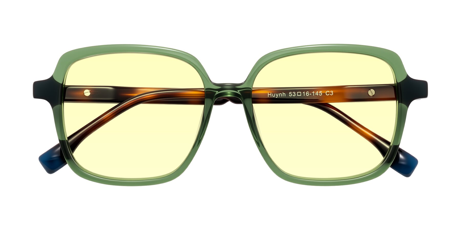 Folded Front of Huynh in Green/Tortoise with Light Yellow Tinted Lenses