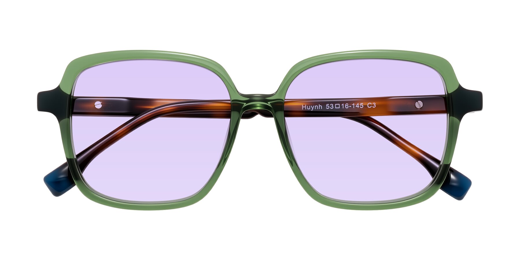 Folded Front of Huynh in Green/Tortoise with Light Purple Tinted Lenses