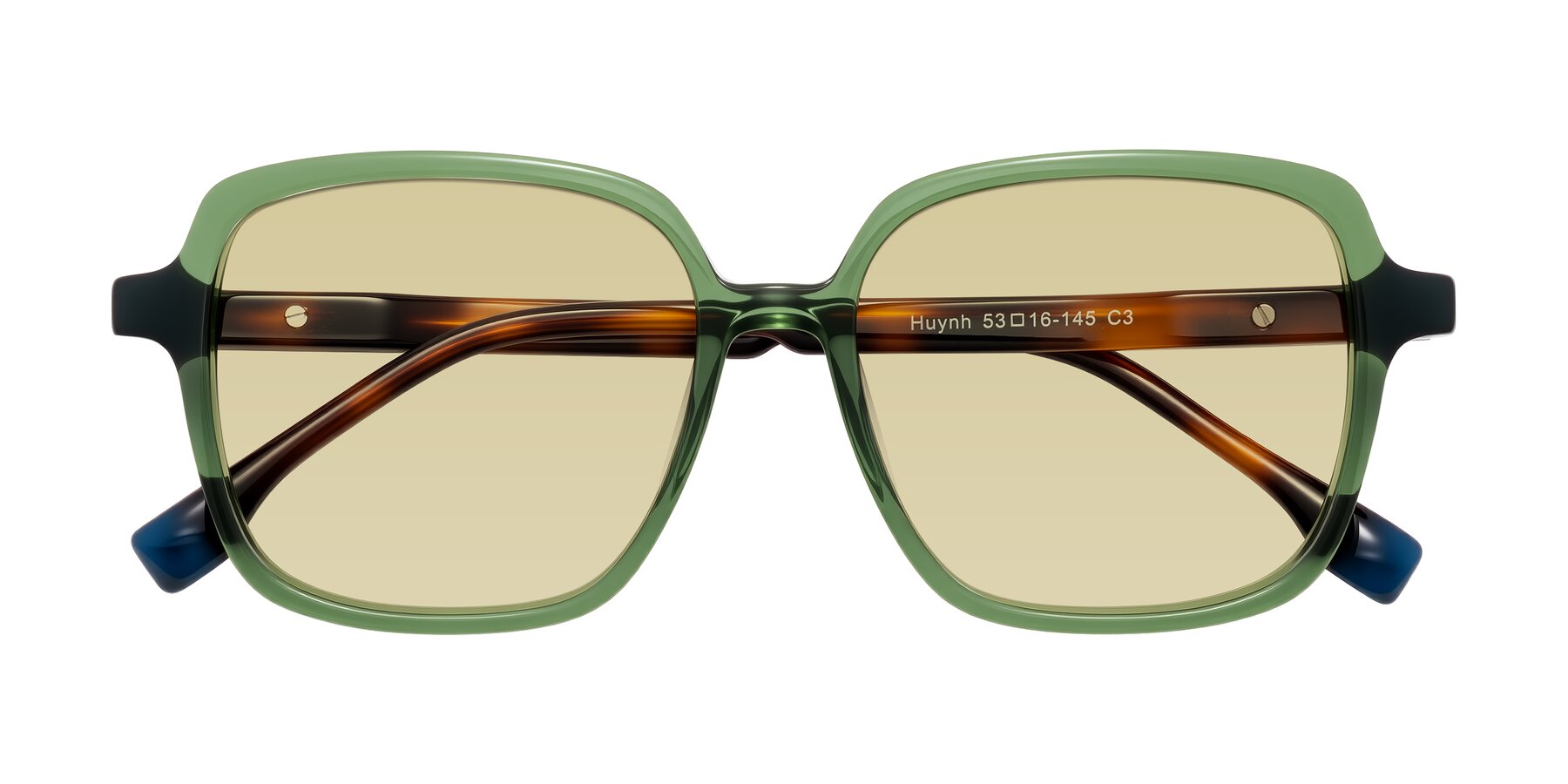 Folded Front of Huynh in Green/Tortoise with Light Champagne Tinted Lenses