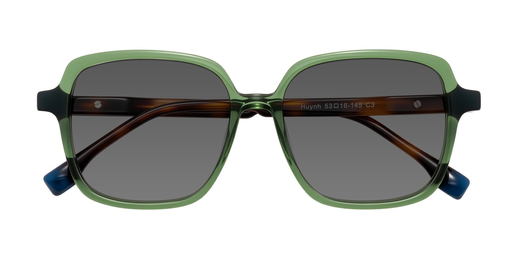 Folded Front of Huynh in Green/Tortoise with Medium Gray Tinted Lenses