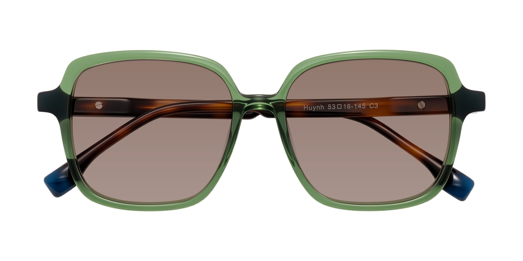 Folded Front of Huynh in Green/Tortoise with Medium Brown Tinted Lenses