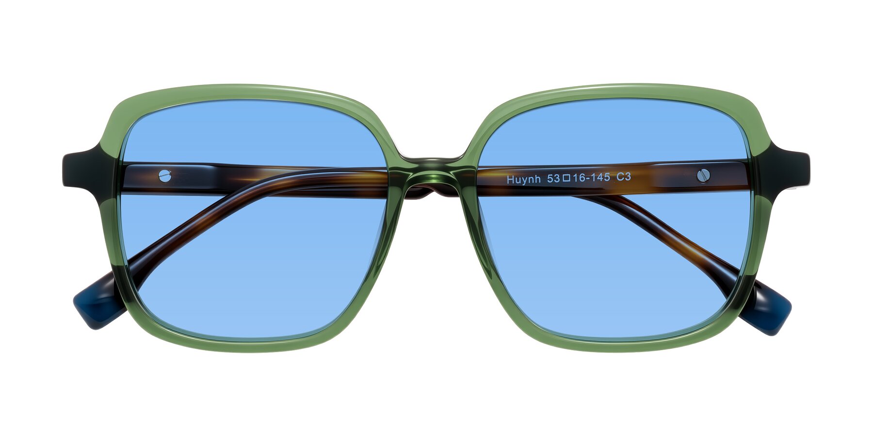 Folded Front of Huynh in Green/Tortoise with Medium Blue Tinted Lenses