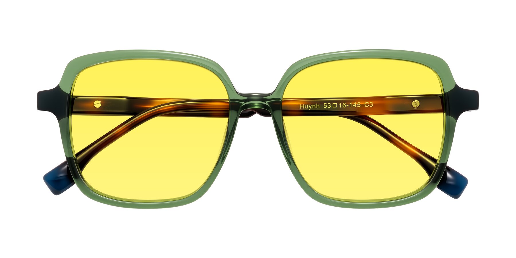 Folded Front of Huynh in Green/Tortoise with Medium Yellow Tinted Lenses
