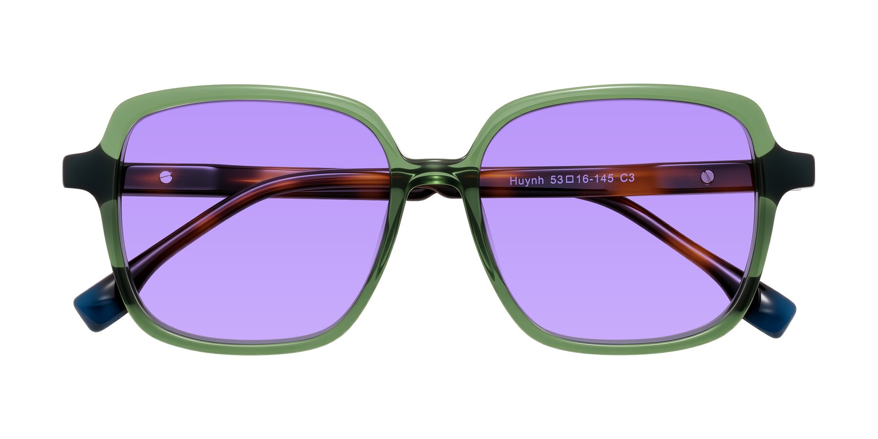 Folded Front of Huynh in Green/Tortoise with Medium Purple Tinted Lenses