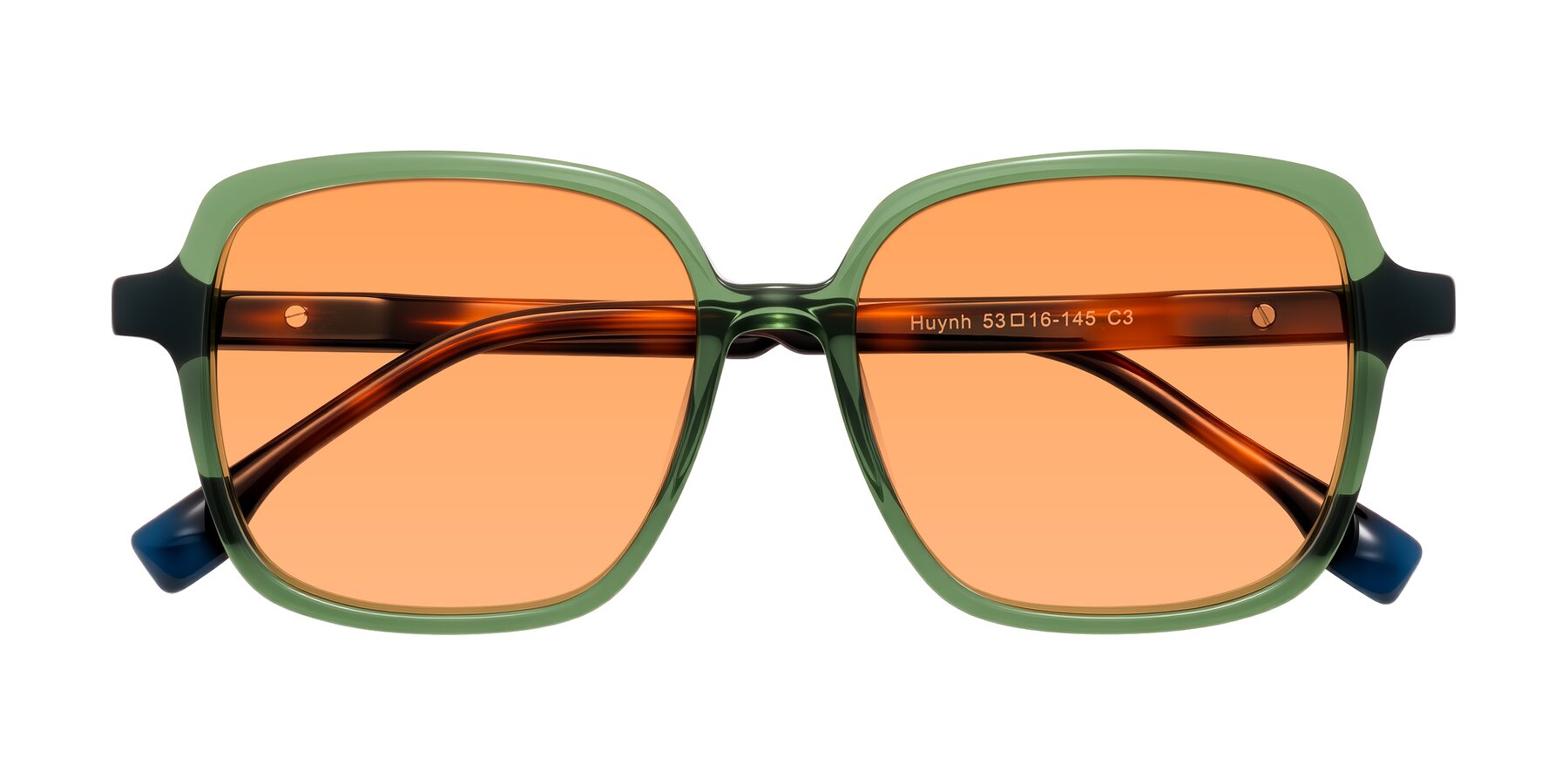 Folded Front of Huynh in Green/Tortoise with Medium Orange Tinted Lenses