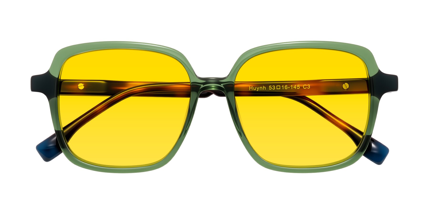 Folded Front of Huynh in Green/Tortoise with Yellow Tinted Lenses