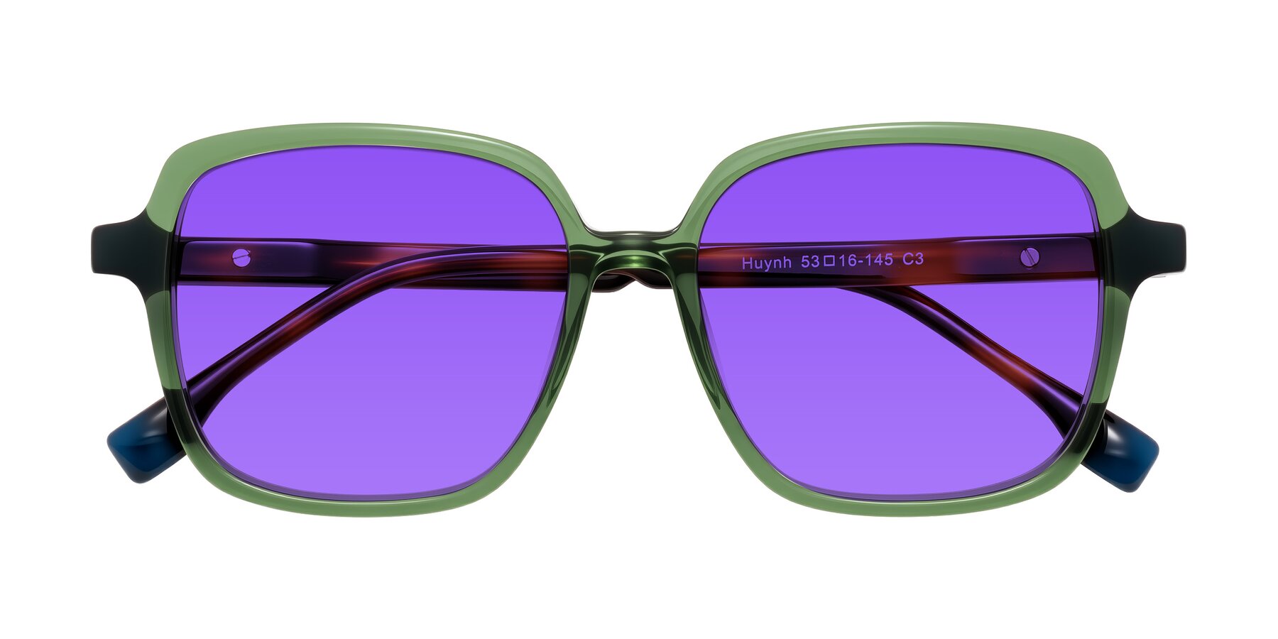 Folded Front of Huynh in Green/Tortoise with Purple Tinted Lenses
