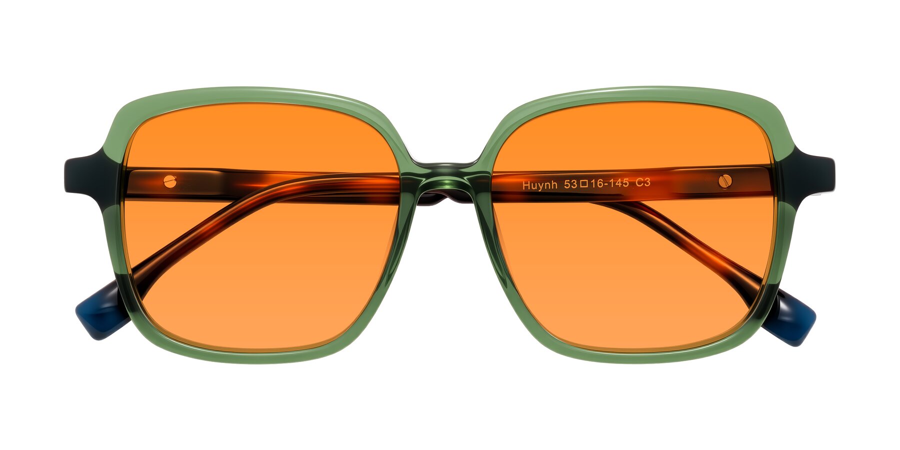 Folded Front of Huynh in Green/Tortoise with Orange Tinted Lenses