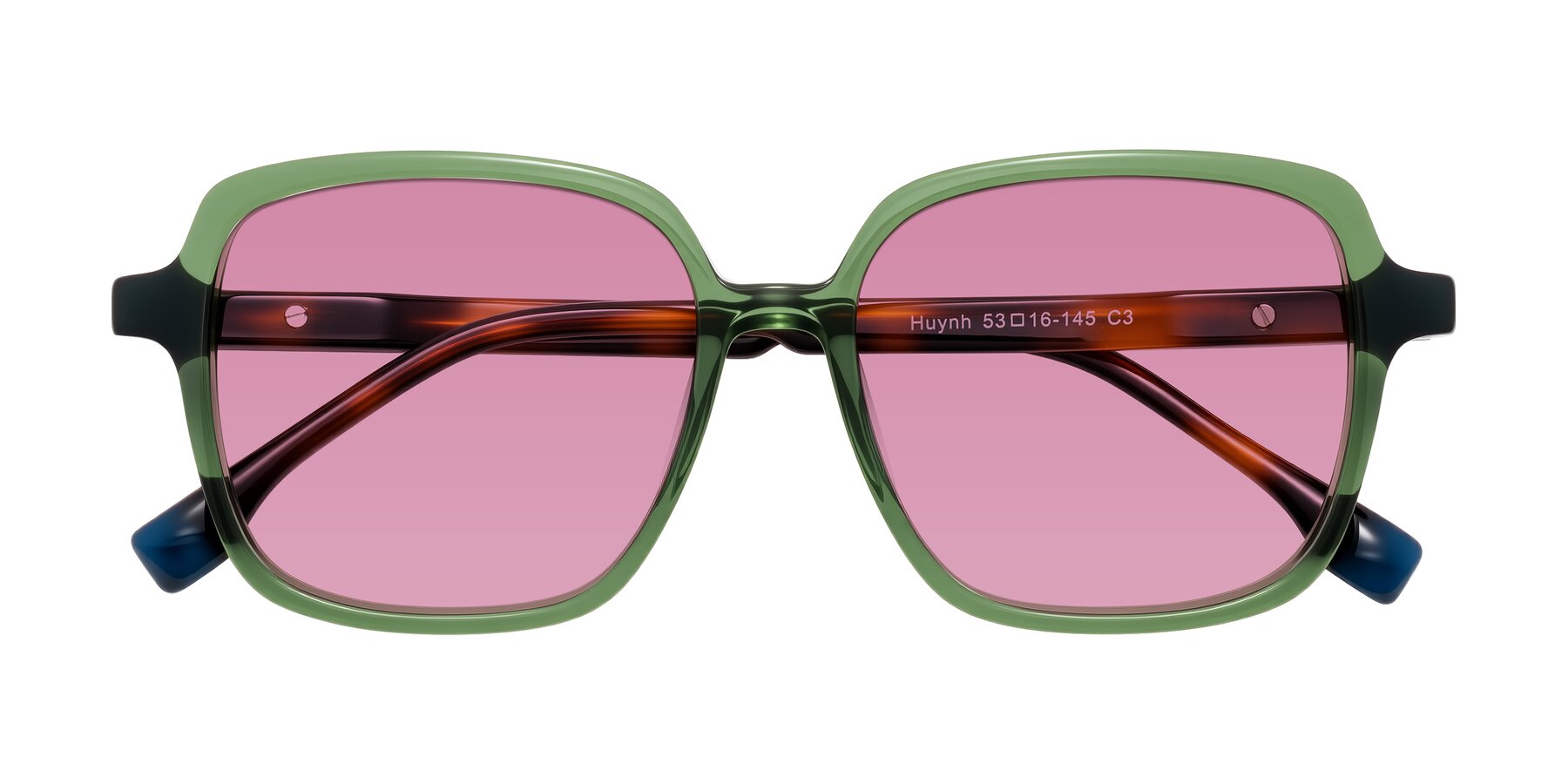 Folded Front of Huynh in Green/Tortoise with Medium Wine Tinted Lenses