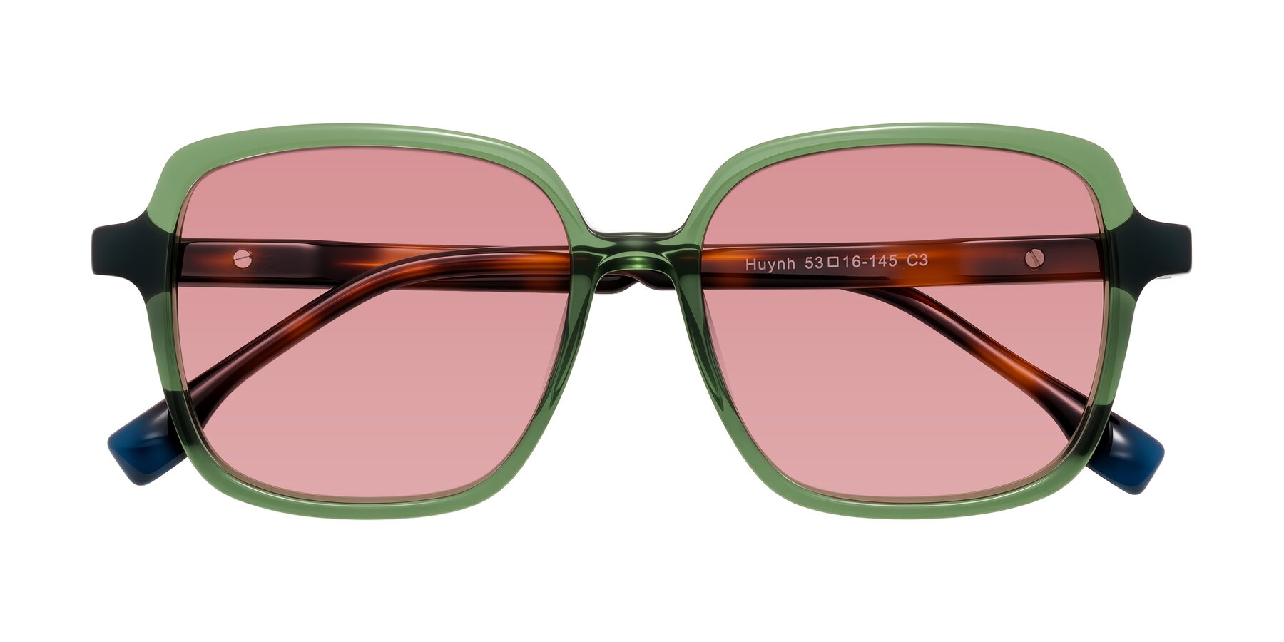 Folded Front of Huynh in Green/Tortoise with Medium Garnet Tinted Lenses