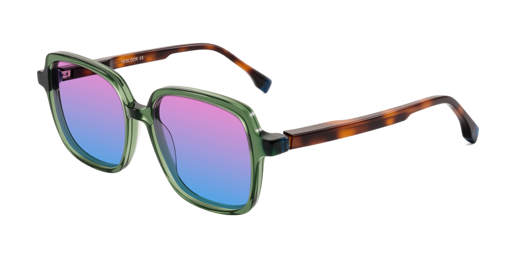 Angle of Huynh in Green/Tortoise with Pink / Blue Gradient Lenses