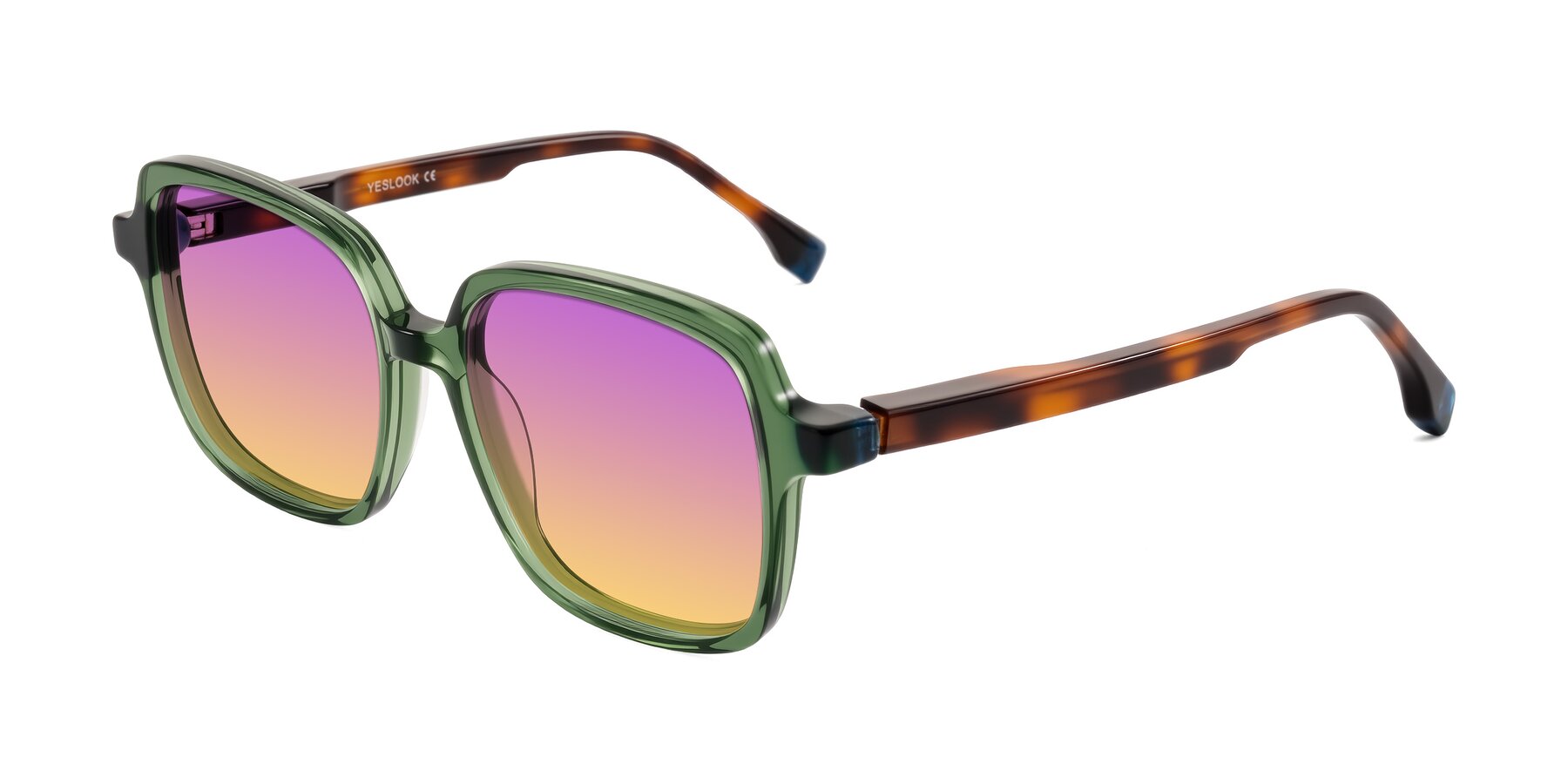 Angle of Huynh in Green/Tortoise with Purple / Yellow Gradient Lenses