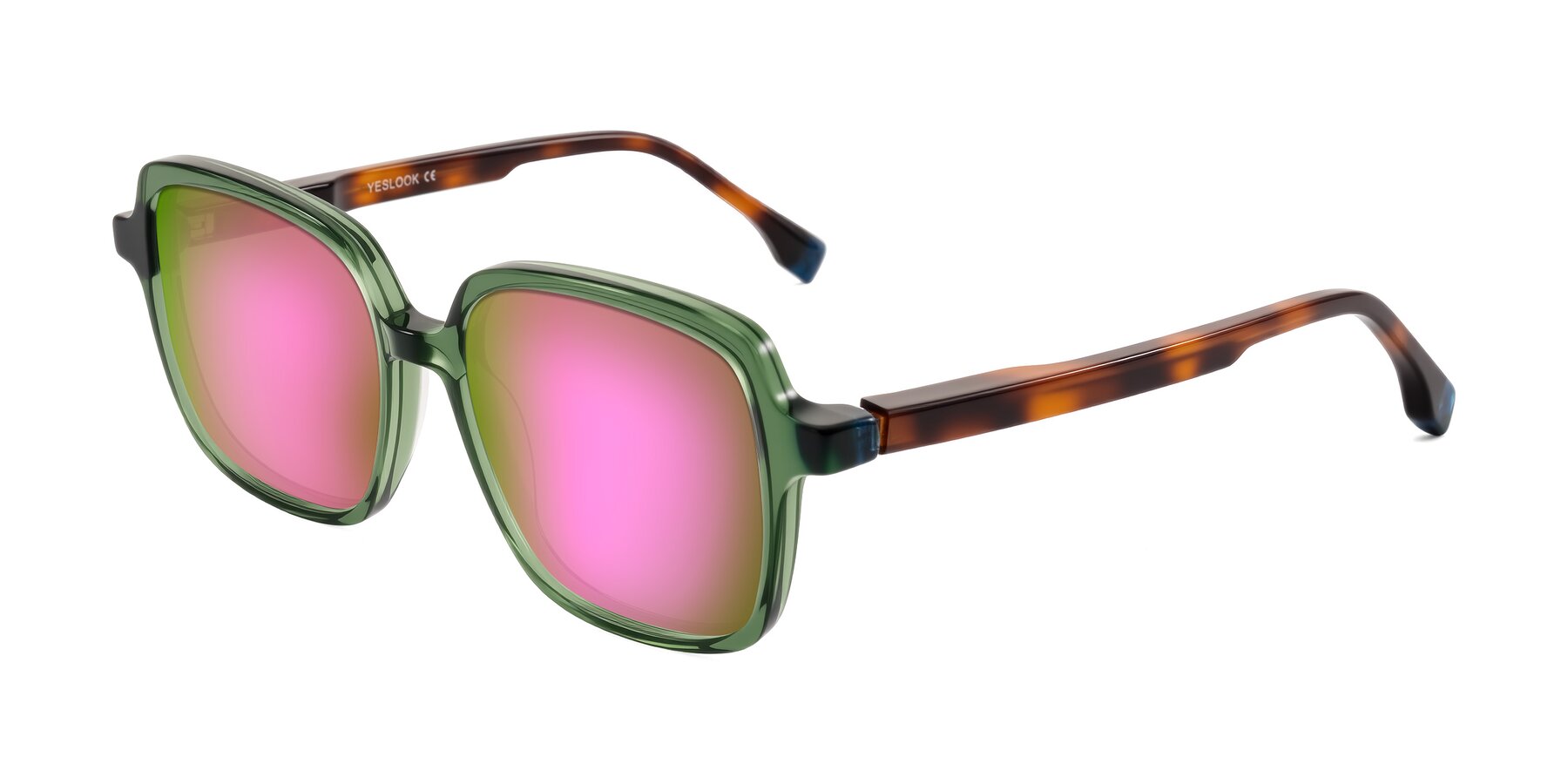Angle of Huynh in Green/Tortoise with Pink Mirrored Lenses