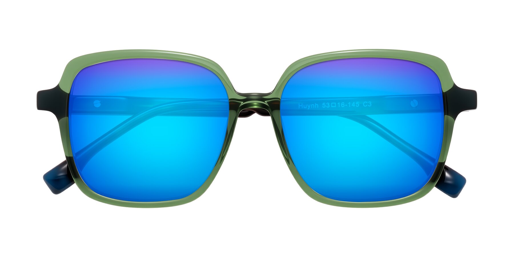 Folded Front of Huynh in Green/Tortoise with Blue Mirrored Lenses