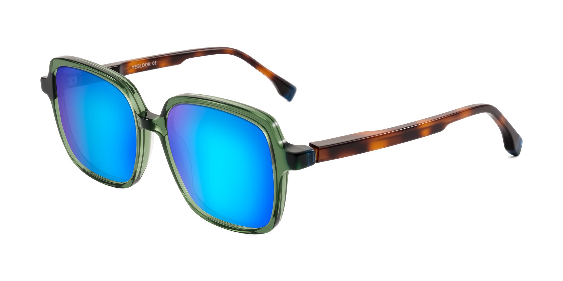 Angle of Huynh in Green/Tortoise with Blue Mirrored Lenses