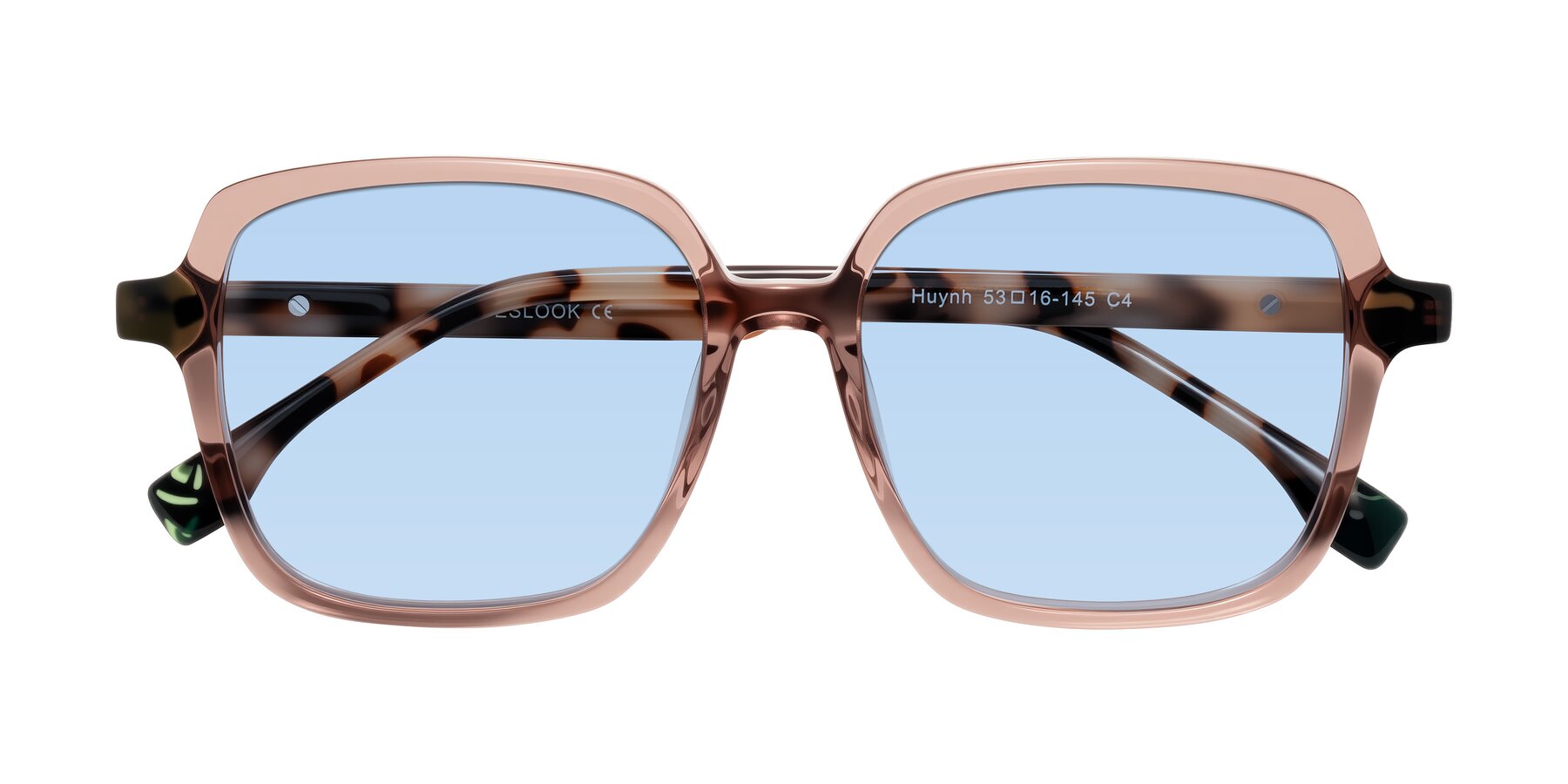 Folded Front of Huynh in Blush Brown/Ivory Tortoise with Light Blue Tinted Lenses