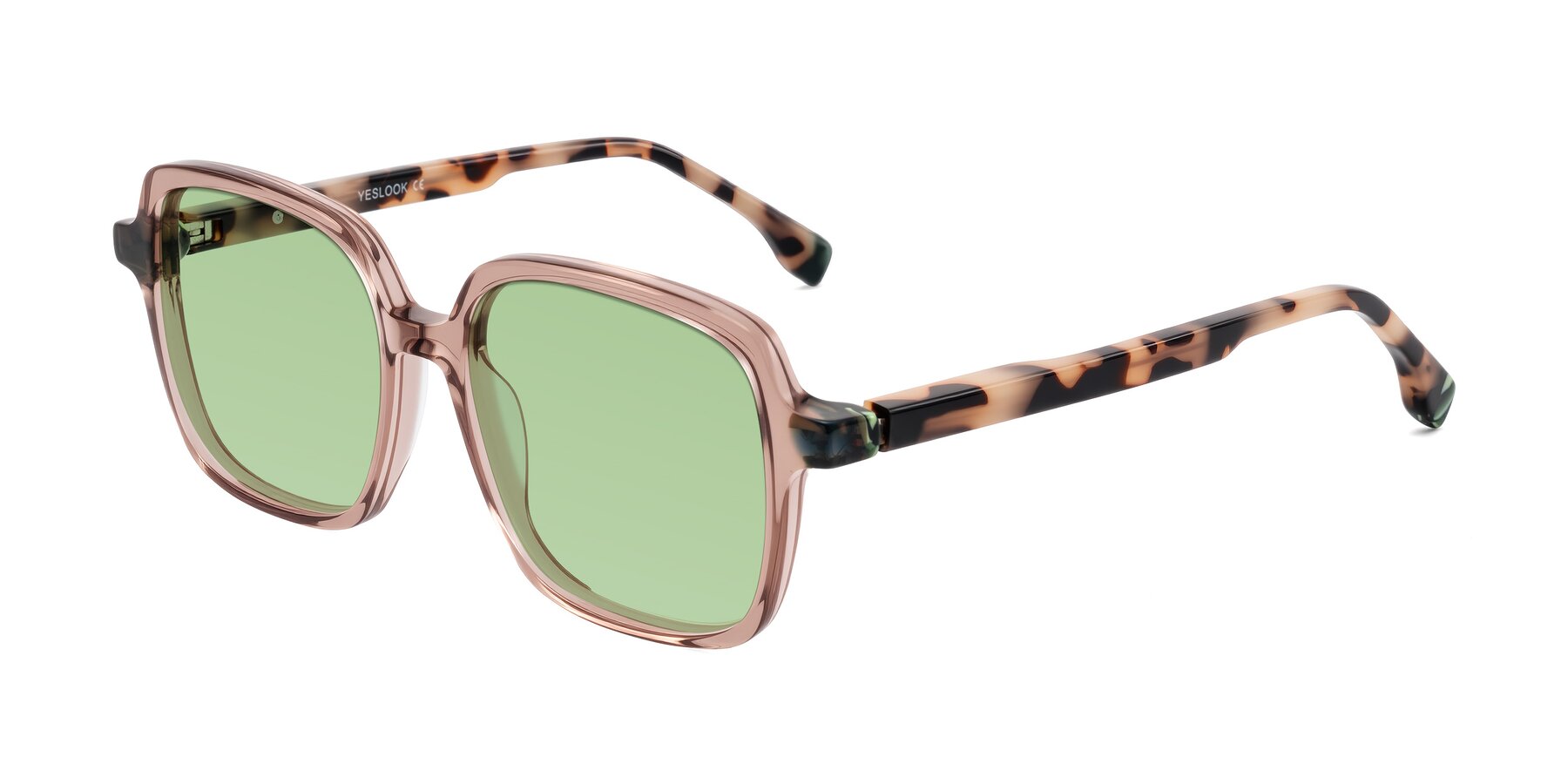 Angle of Huynh in Blush Brown/Ivory Tortoise with Medium Green Tinted Lenses
