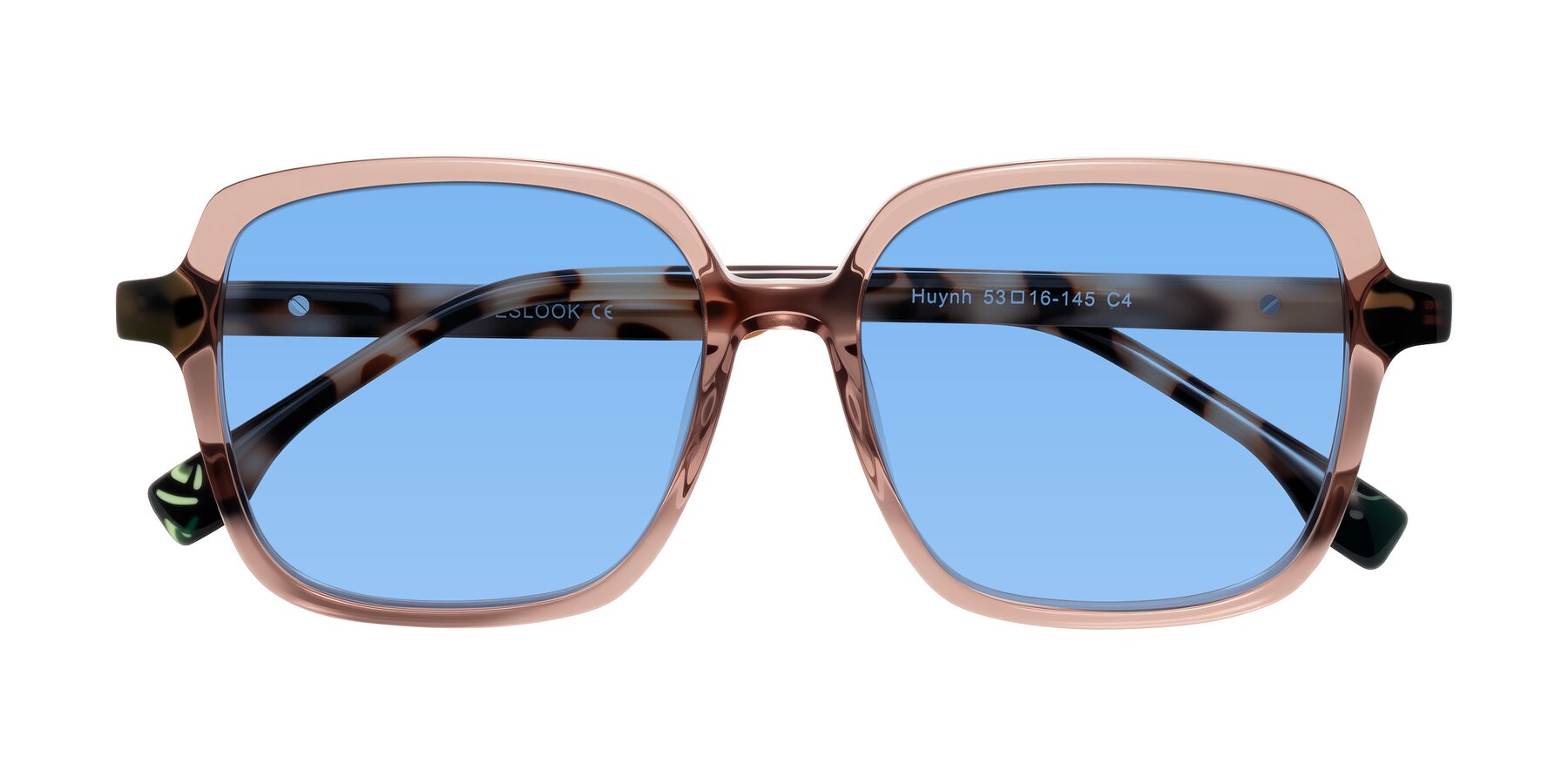 Folded Front of Huynh in Blush Brown/Ivory Tortoise with Medium Blue Tinted Lenses