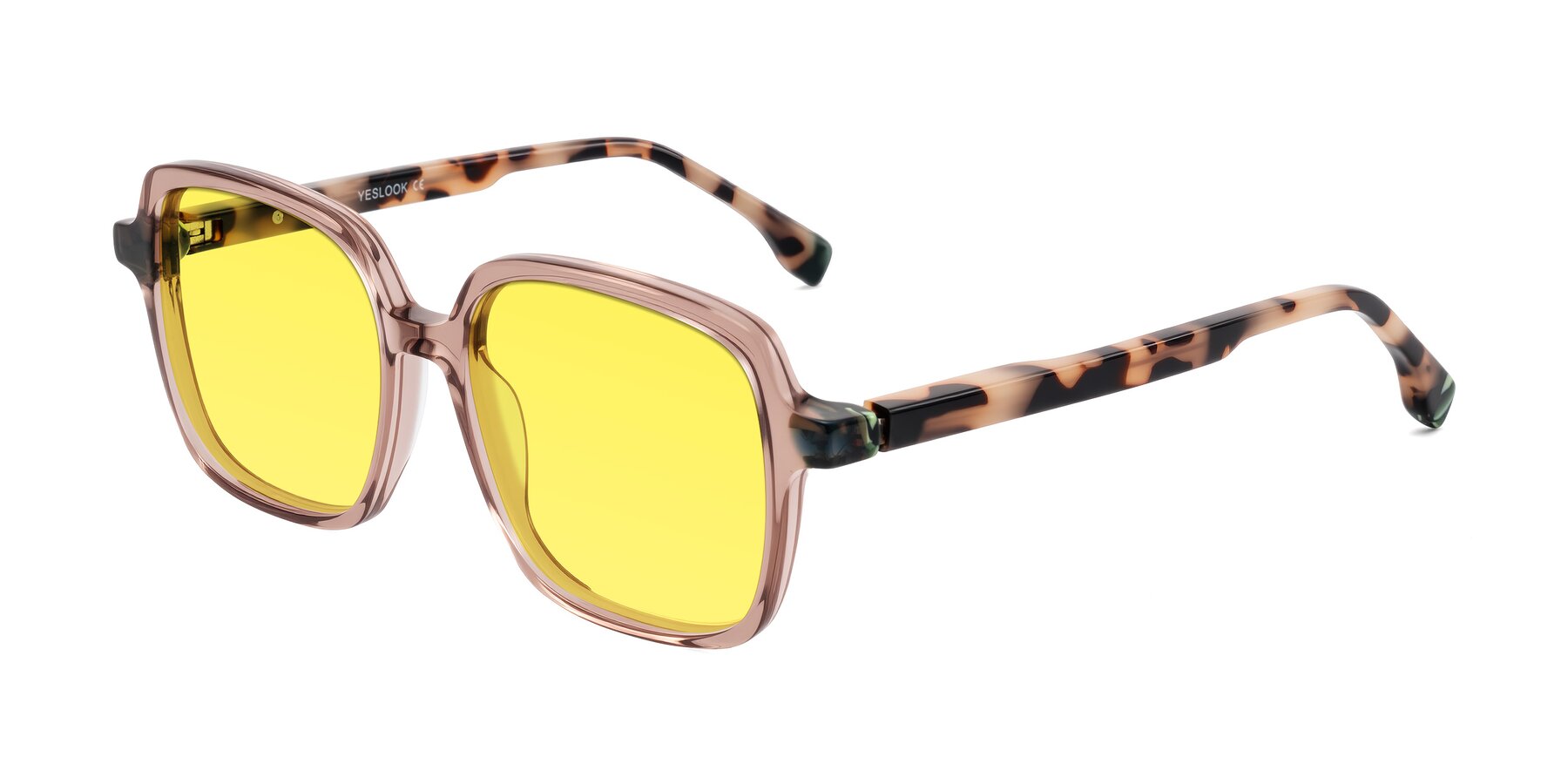 Angle of Huynh in Blush Brown/Ivory Tortoise with Medium Yellow Tinted Lenses