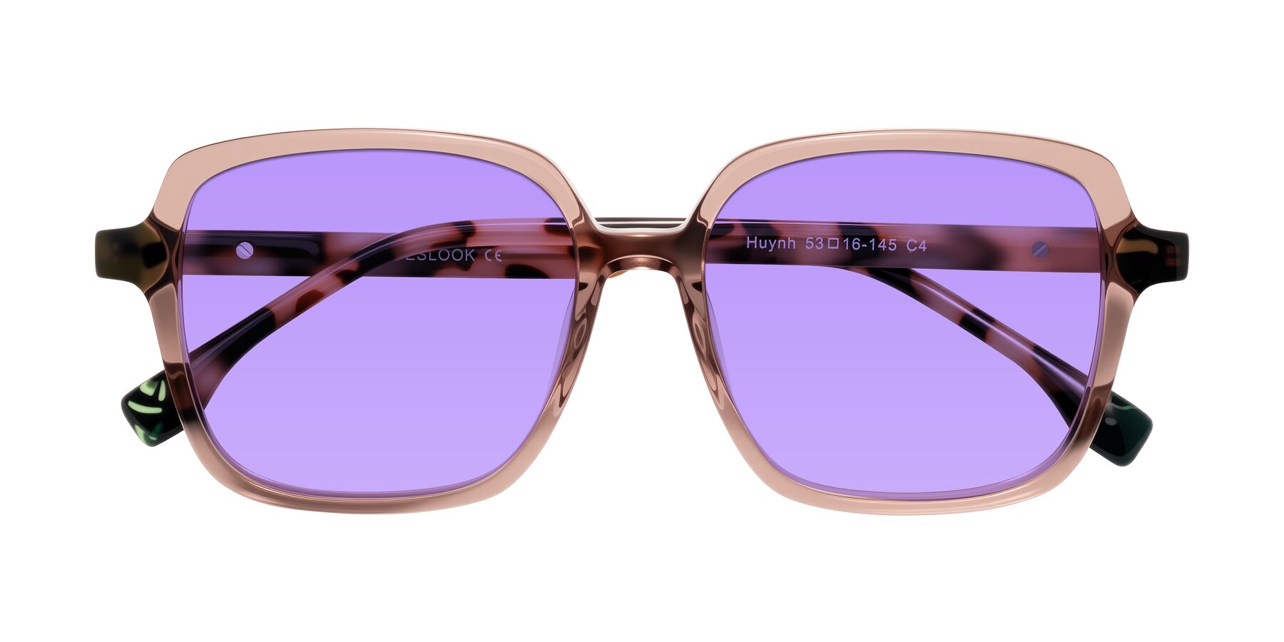 Folded Front of Huynh in Blush Brown/Ivory Tortoise with Medium Purple Tinted Lenses