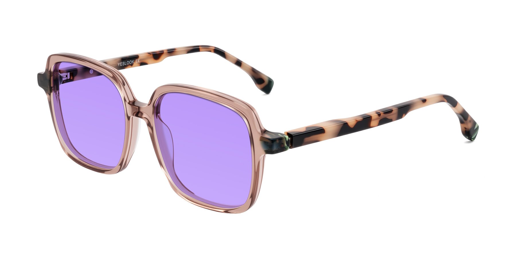 Angle of Huynh in Blush Brown/Ivory Tortoise with Medium Purple Tinted Lenses