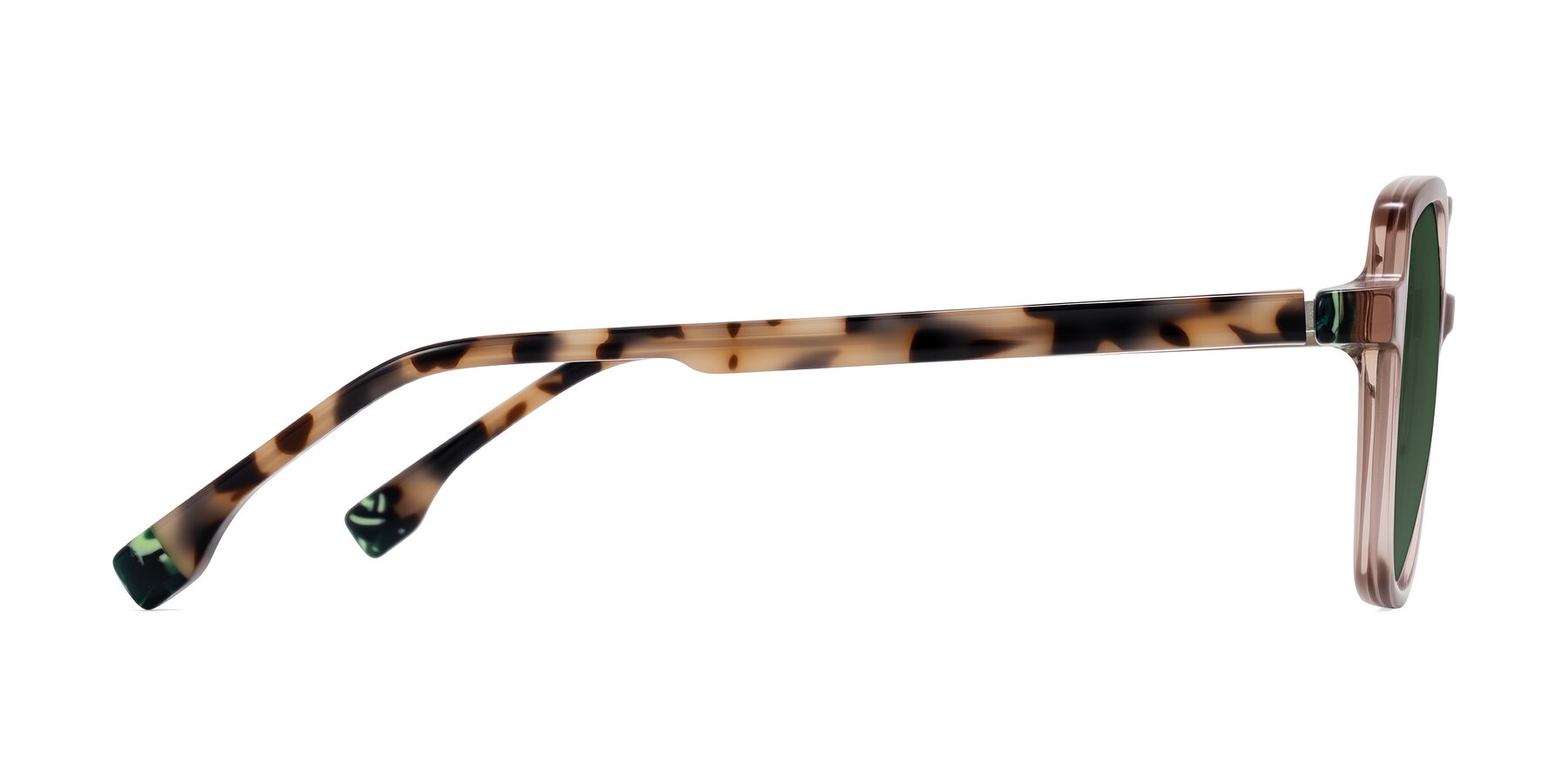 Side of Huynh in Blush Brown/Ivory Tortoise with Green Tinted Lenses