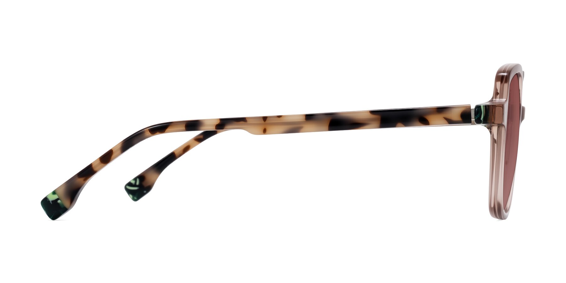 Side of Huynh in Blush Brown/Ivory Tortoise with Garnet Tinted Lenses