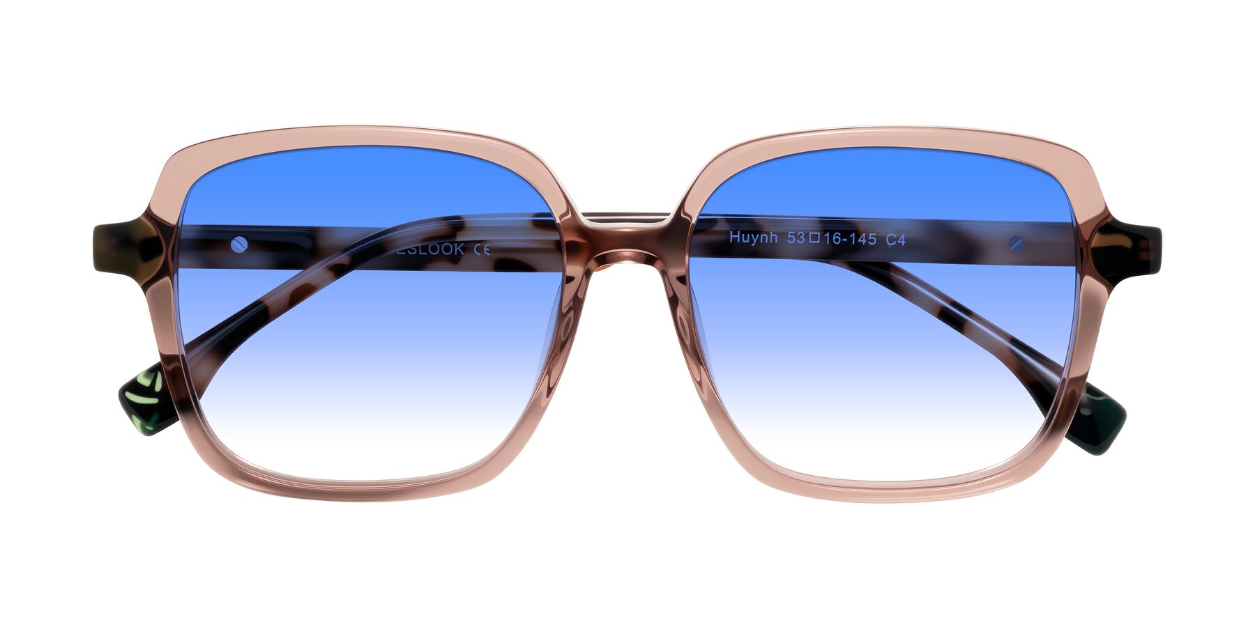 Folded Front of Huynh in Blush Brown/Ivory Tortoise with Blue Gradient Lenses