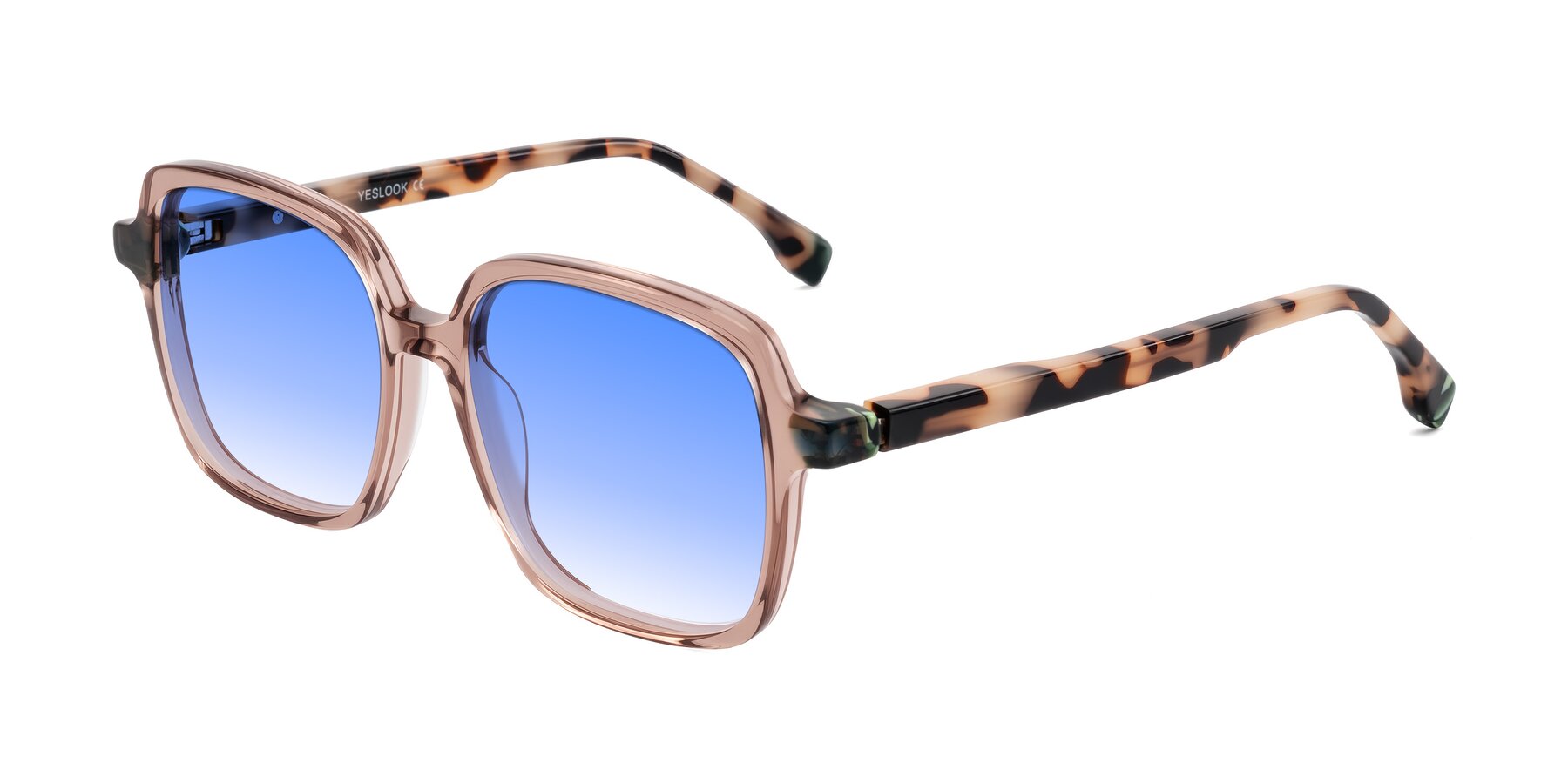 Angle of Huynh in Blush Brown/Ivory Tortoise with Blue Gradient Lenses