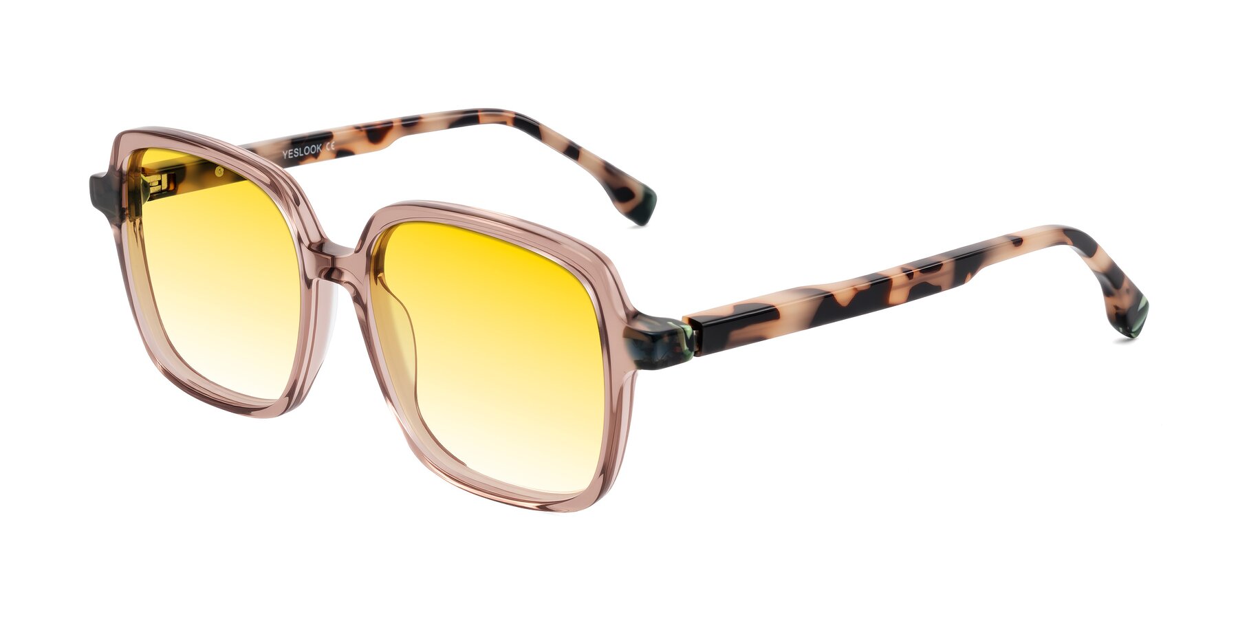 Angle of Huynh in Blush Brown/Ivory Tortoise with Yellow Gradient Lenses