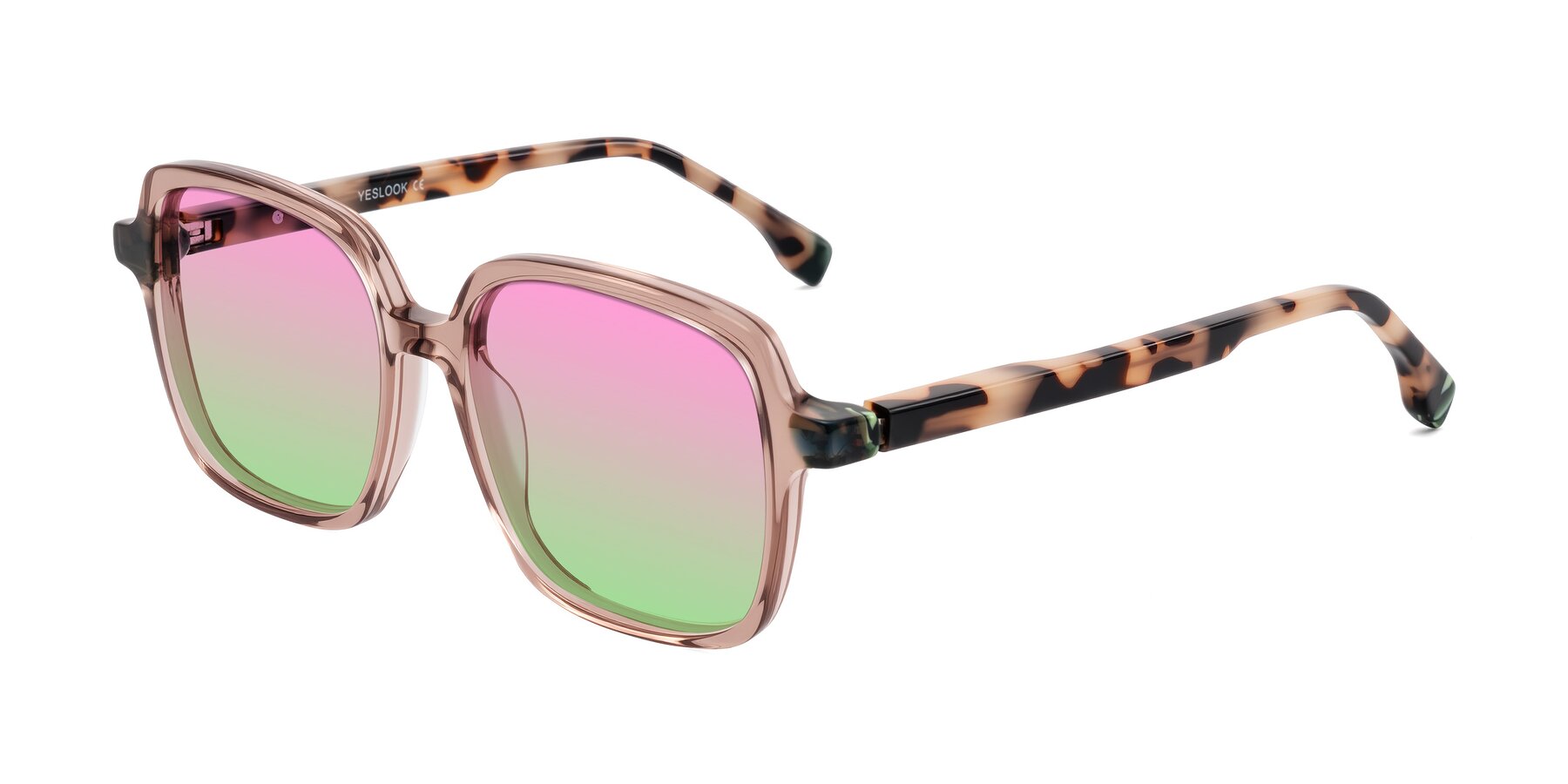 Angle of Huynh in Blush Brown/Ivory Tortoise with Pink / Green Gradient Lenses