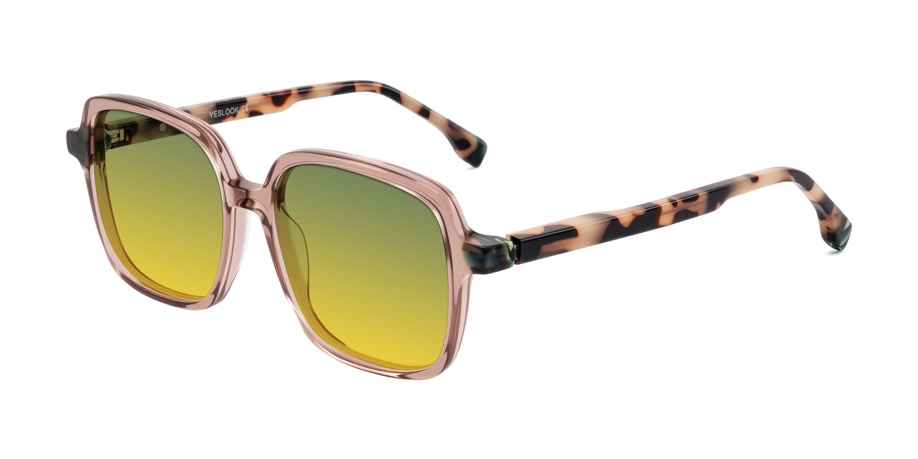 Angle of Huynh in Blush Brown/Ivory Tortoise with Green / Yellow Gradient Lenses