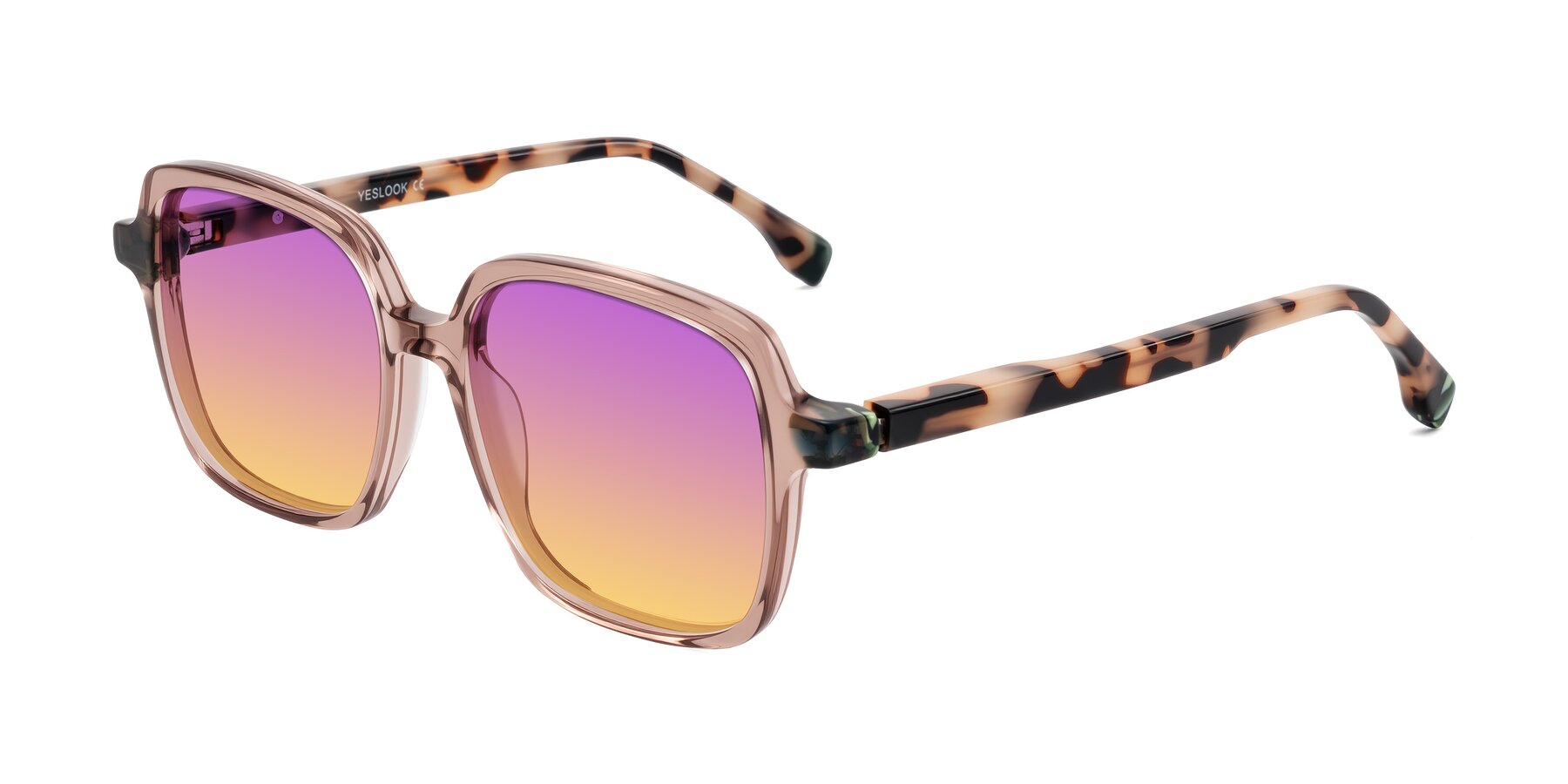 Angle of Huynh in Blush Brown/Ivory Tortoise with Purple / Yellow Gradient Lenses