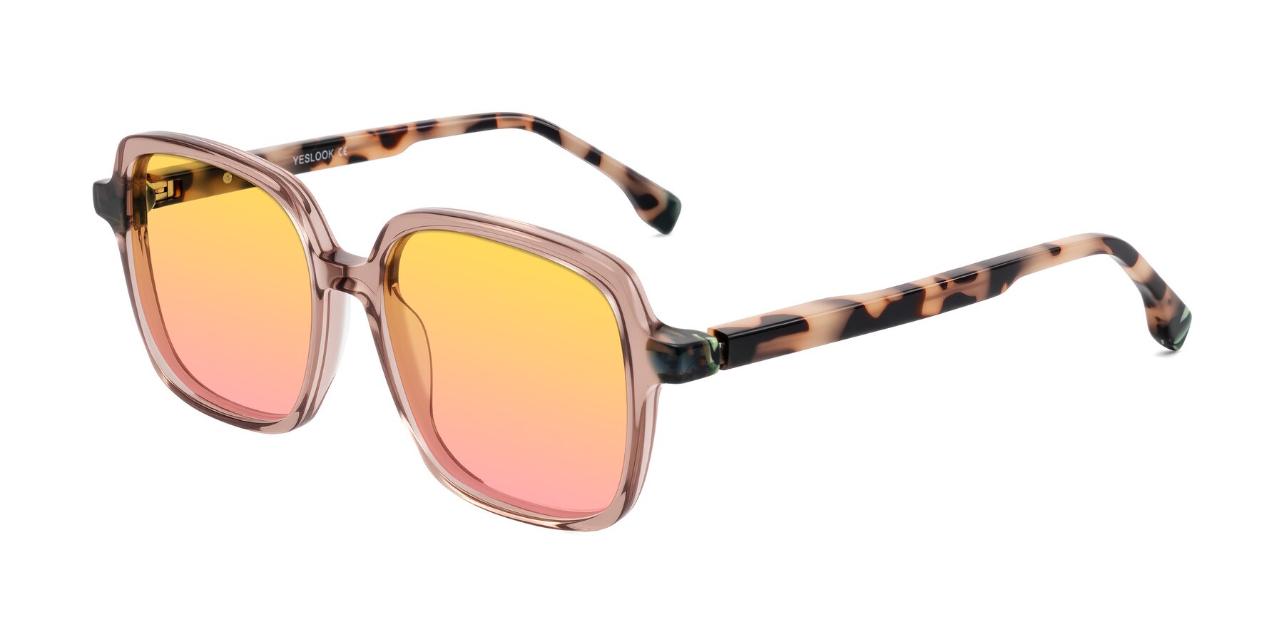 Angle of Huynh in Blush Brown/Ivory Tortoise with Yellow / Pink Gradient Lenses