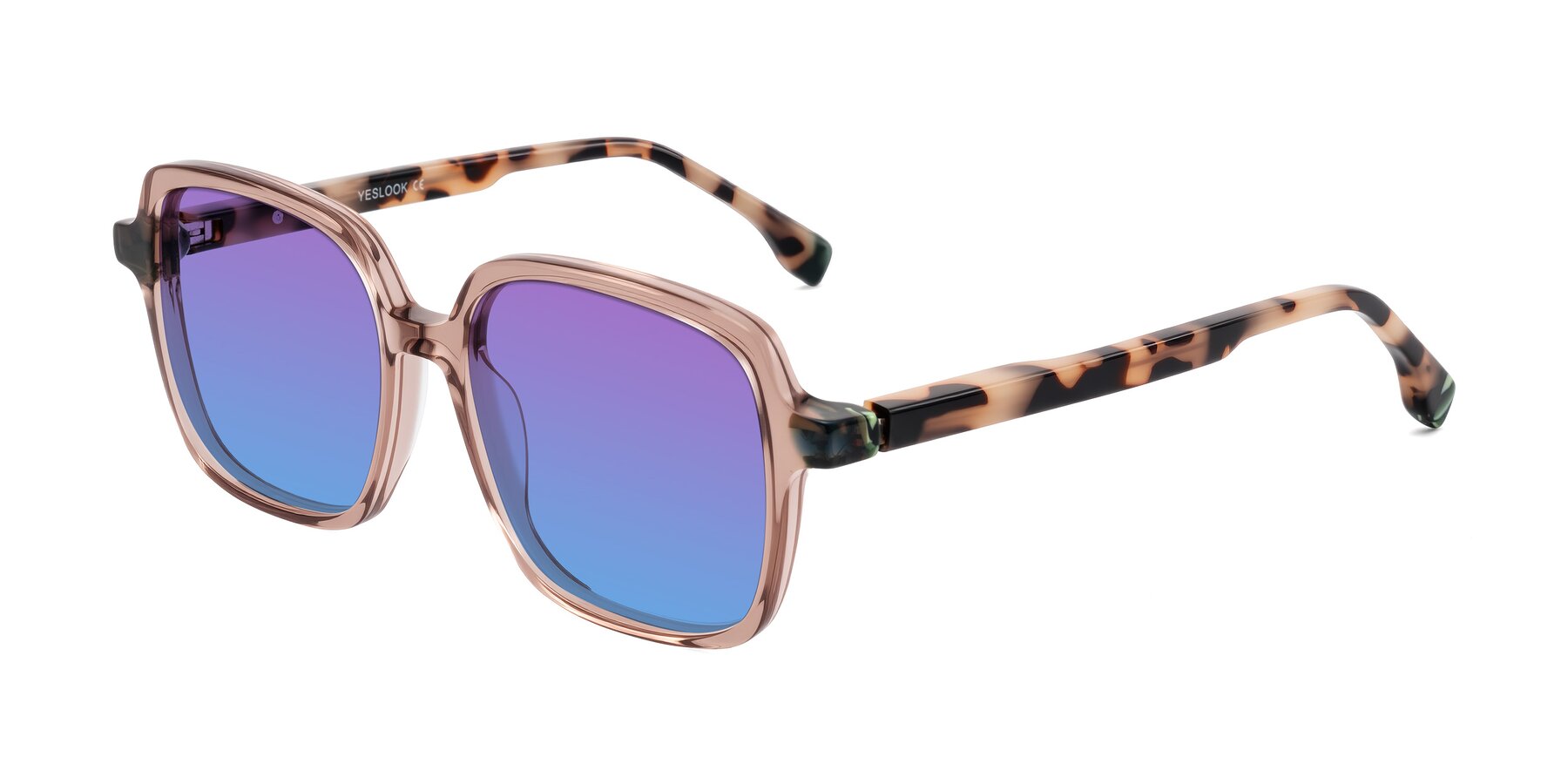 Angle of Huynh in Blush Brown/Ivory Tortoise with Purple / Blue Gradient Lenses