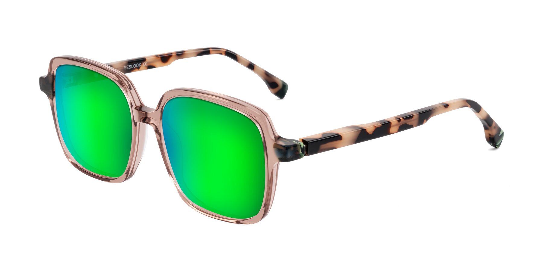 Angle of Huynh in Blush Brown/Ivory Tortoise with Green Mirrored Lenses