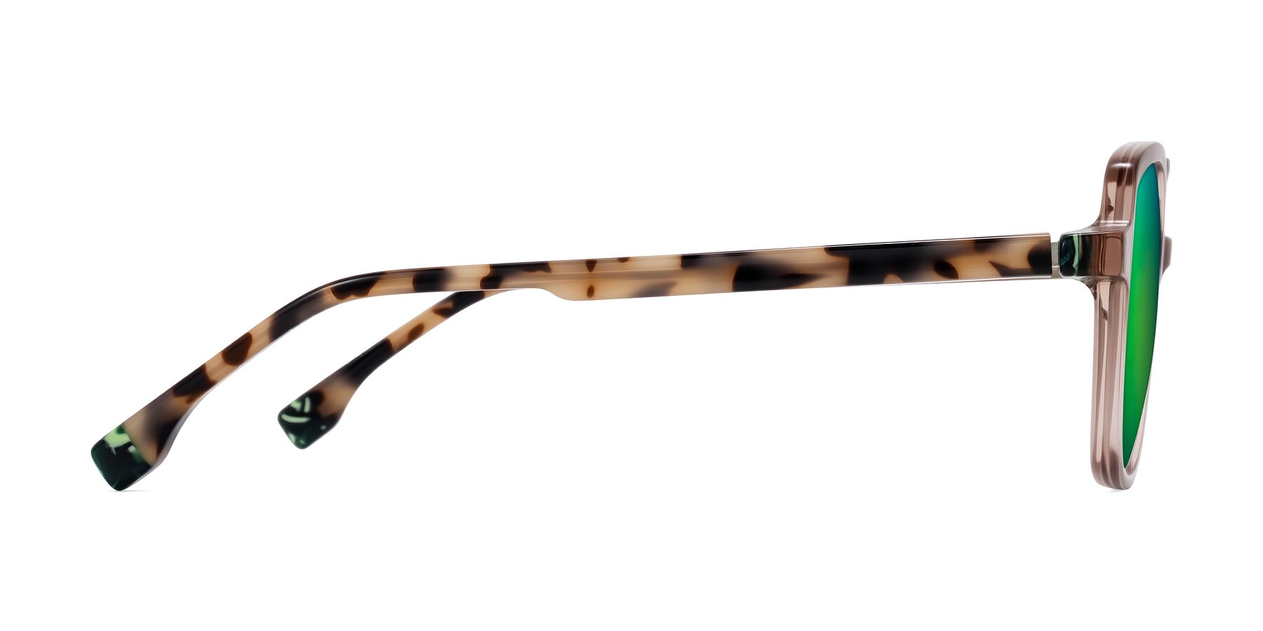 Side of Huynh in Blush Brown/Ivory Tortoise with Green Mirrored Lenses