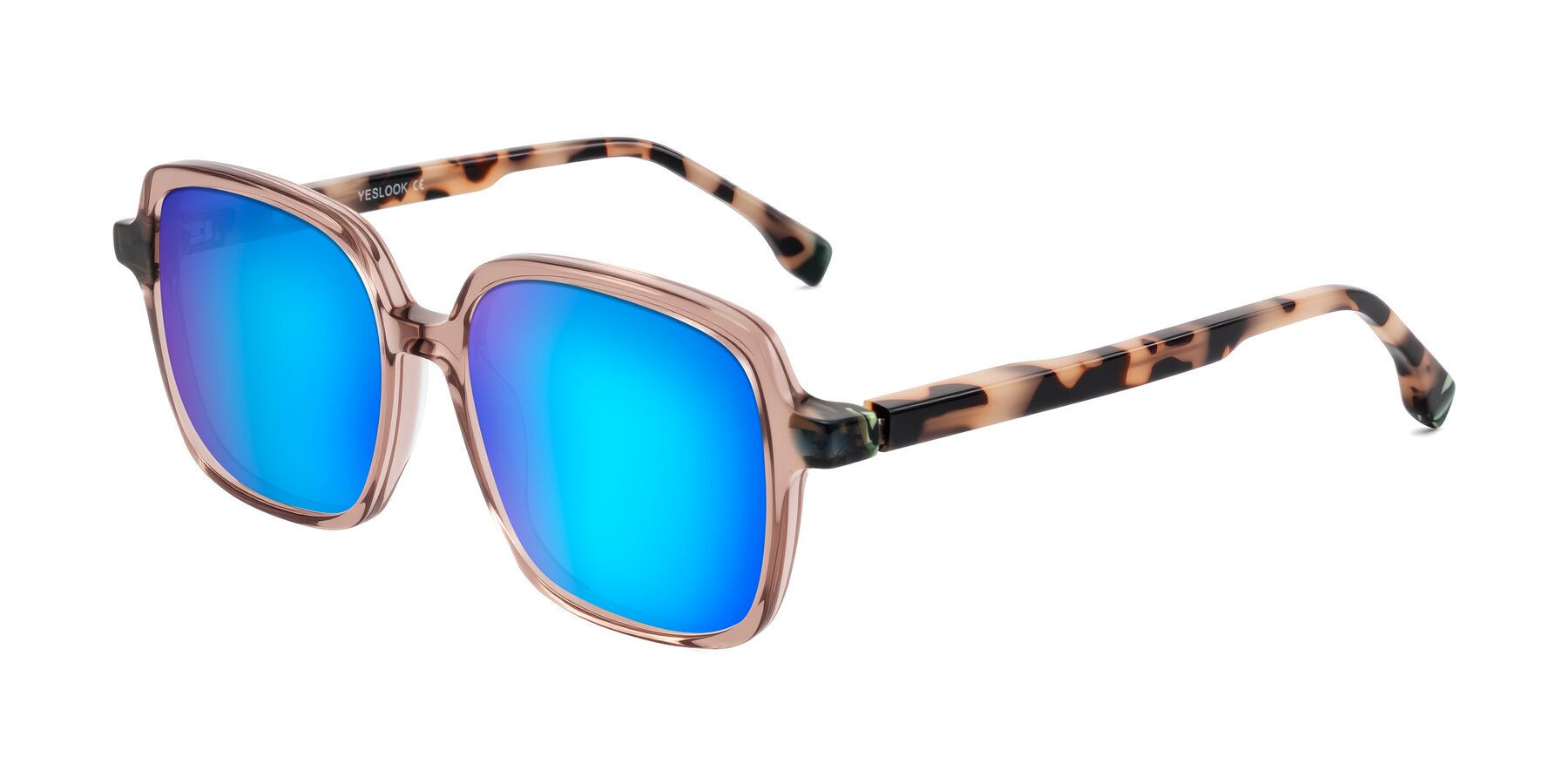 Angle of Huynh in Blush Brown/Ivory Tortoise with Blue Mirrored Lenses