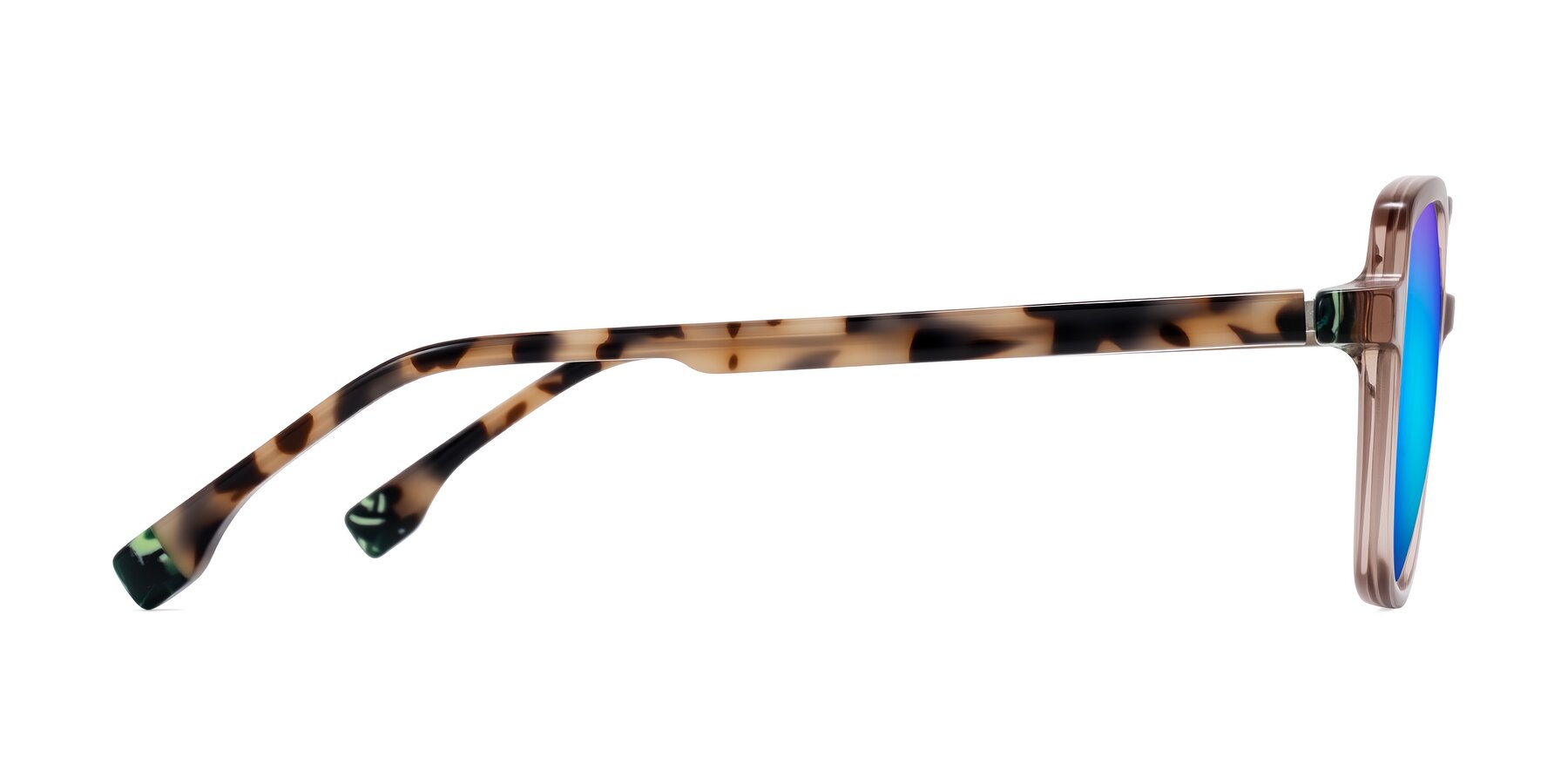 Side of Huynh in Blush Brown/Ivory Tortoise with Blue Mirrored Lenses