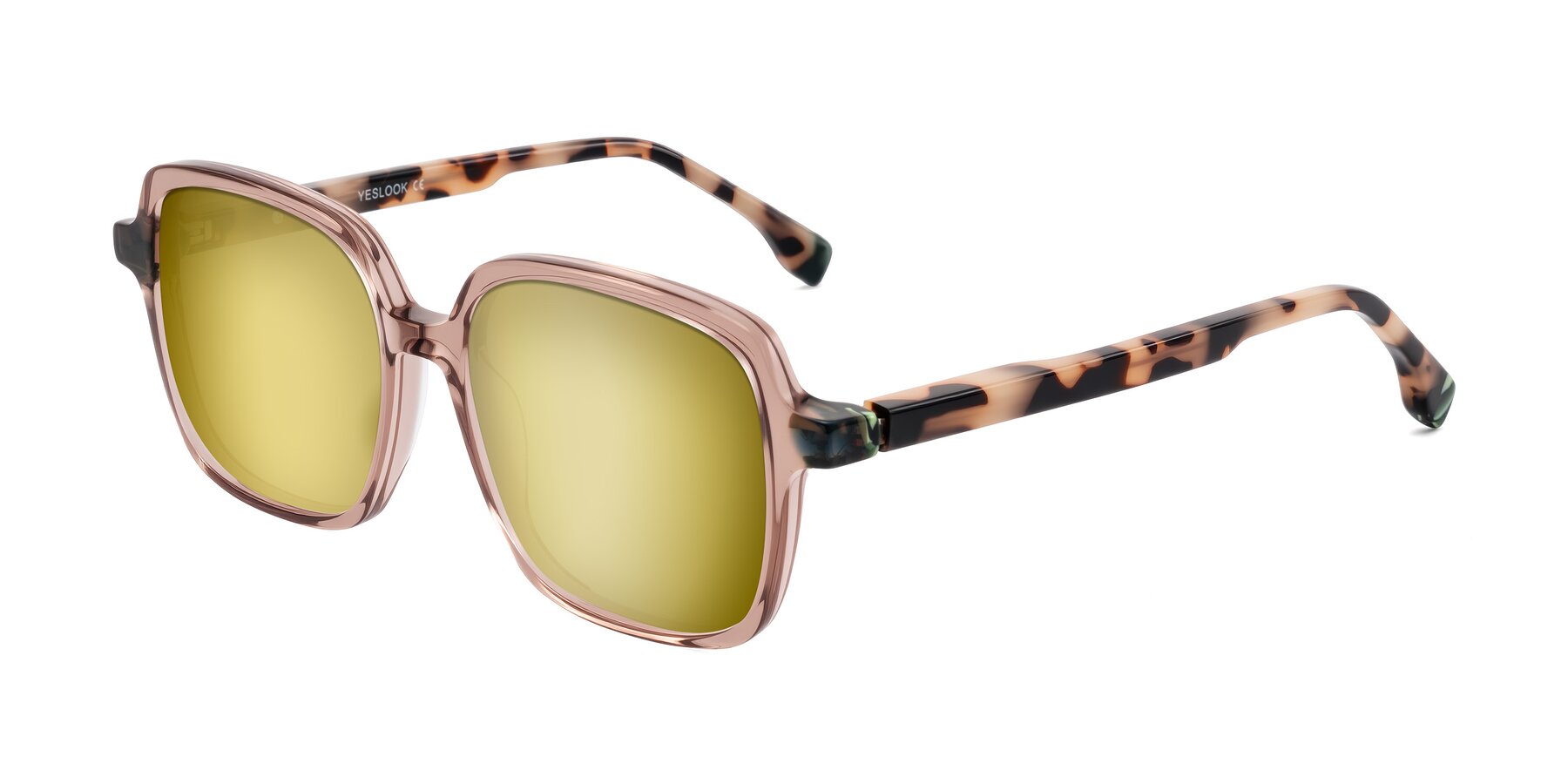 Angle of Huynh in Blush Brown/Ivory Tortoise with Gold Mirrored Lenses