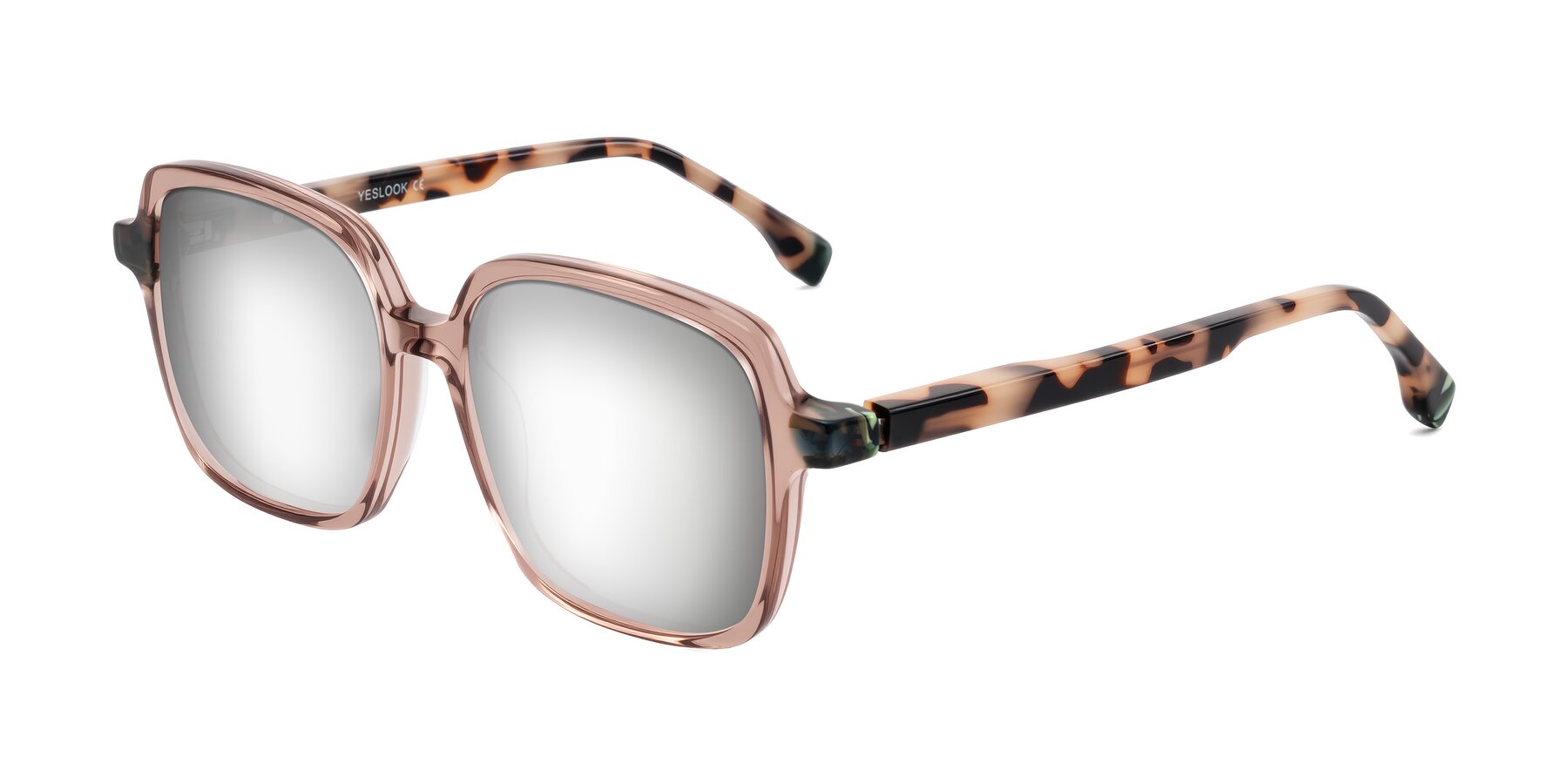 Angle of Huynh in Blush Brown/Ivory Tortoise with Silver Mirrored Lenses