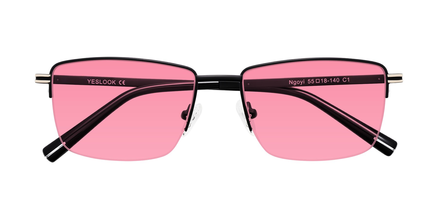 Folded Front of Ngoyi in Matte Black with Pink Tinted Lenses