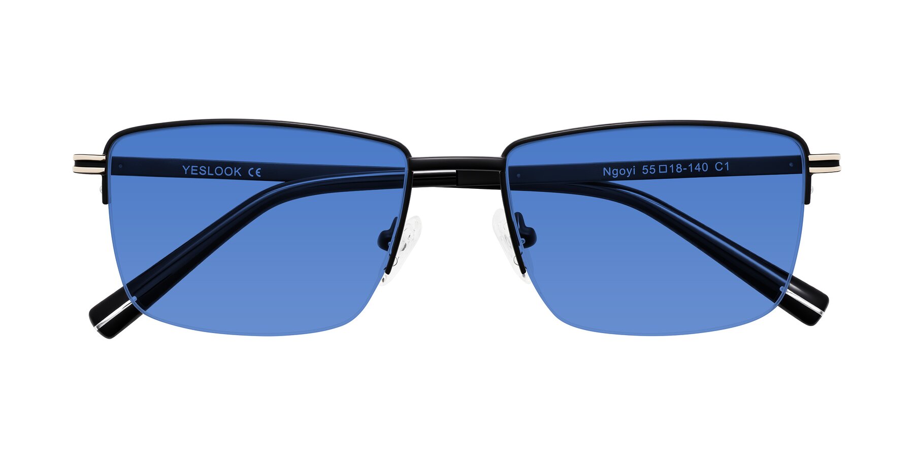 Folded Front of Ngoyi in Matte Black with Blue Tinted Lenses