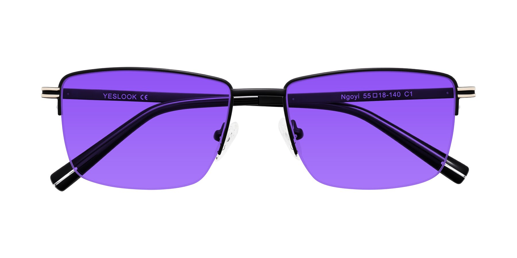 Folded Front of Ngoyi in Matte Black with Purple Tinted Lenses