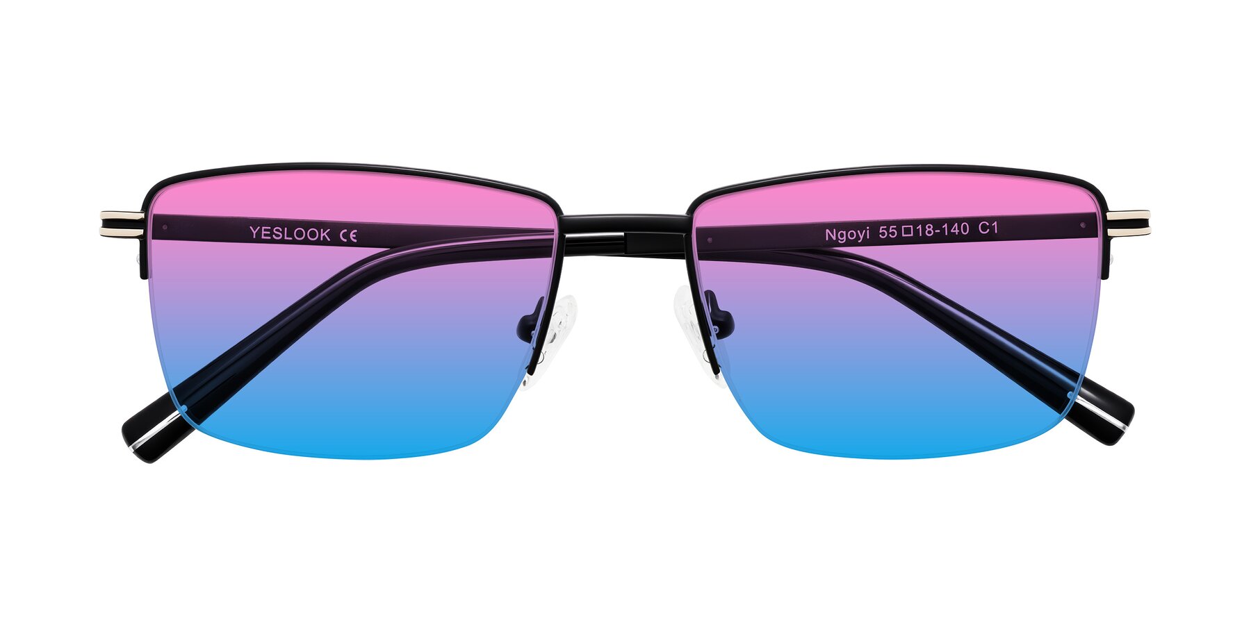 Folded Front of Ngoyi in Matte Black with Pink / Blue Gradient Lenses