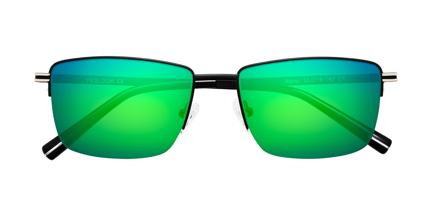 Folded Front of Ngoyi in Matte Black with Green Mirrored Lenses