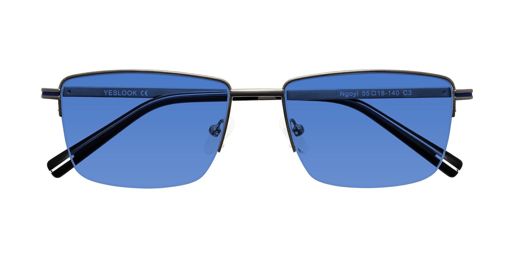 Folded Front of Ngoyi in Gunmetal with Blue Tinted Lenses