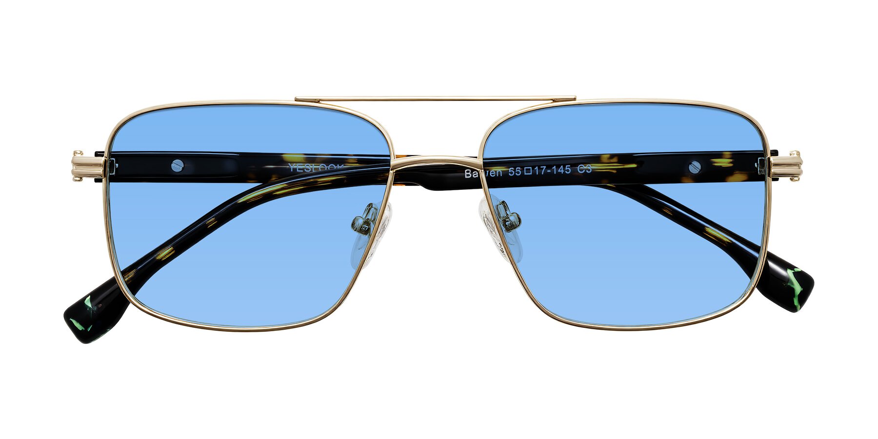 Folded Front of Banten in Gold with Medium Blue Tinted Lenses